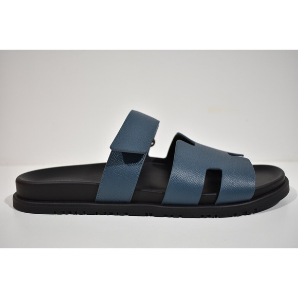 Hermes Chypre Sandal Mens Black Blue H Logo Strap Slide Slip On Flop Flat 44 11 - Picture 3 of 12